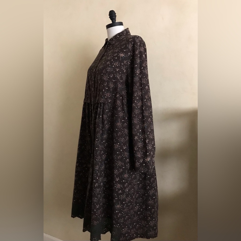 Floral Brown Long Sleeve Flannel Dress - Picture 6 of 11